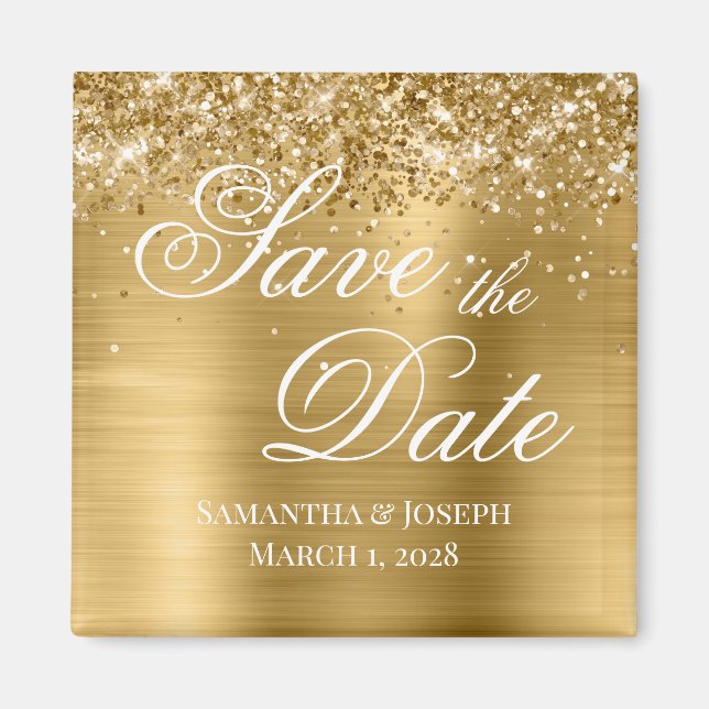 Glittery Gold Foil Save the Date Magnet (Front)