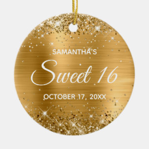 Glittery Gold Foil Sweet 16 Birthday Ceramic Tree Decoration