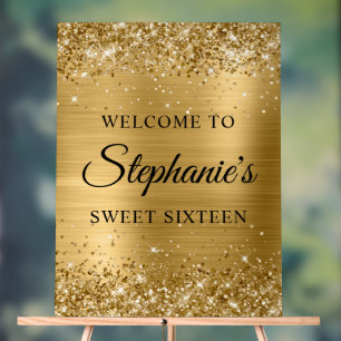 Glittery Gold Foil Sweet Sixteen Welcome Acrylic Sign