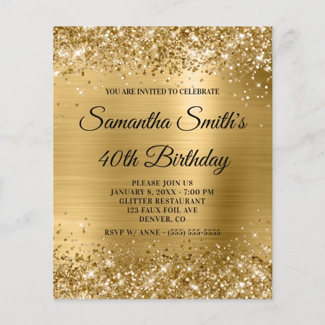 Glittery Gold Glam 40th Birthday Invite Flyer (Front)