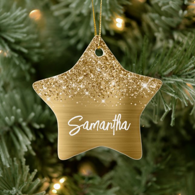 Glittery Gold Glam Brush Script Name Ceramic Tree Decoration (Tree)