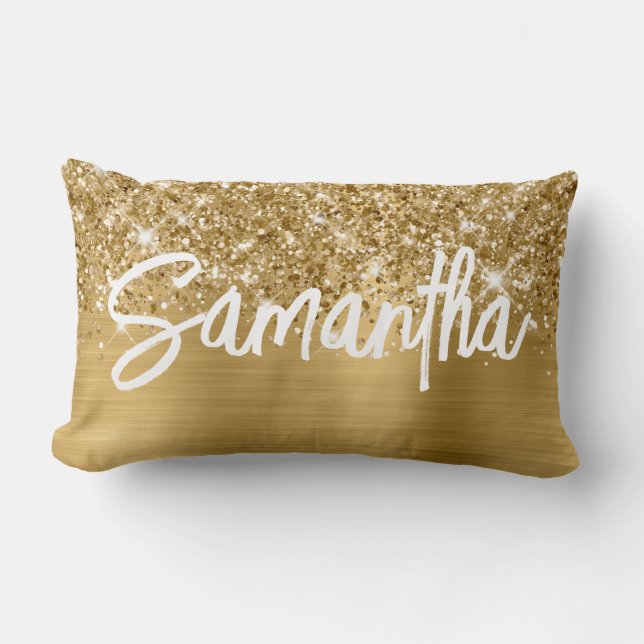 Glittery Gold Glam Brush Script Name Lumbar Cushion (Front)