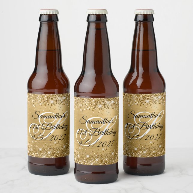 Glittery Gold Glam Monogram 21st Birthday Beer Bottle Label (Bottles)