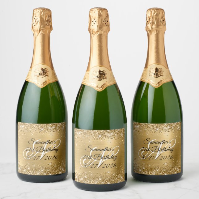 Glittery Gold Glam Monogram 21st Birthday Sparkling Wine Label (Bottles)