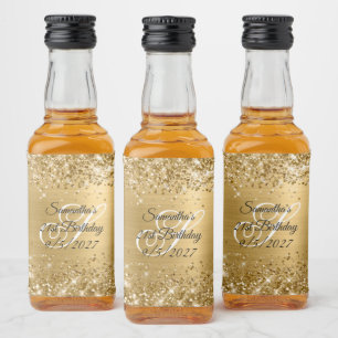 Glittery Gold Glam Monogrammed 21st Birthday Liquor Bottle Label