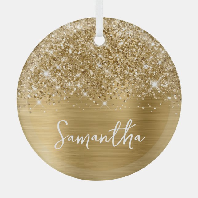 Glittery Gold Glam Name Glass Tree Decoration (Front)