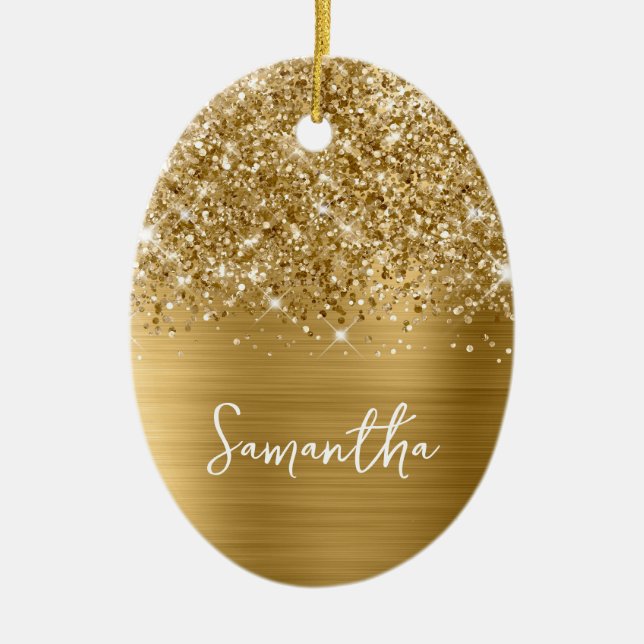 Glittery Gold Glam Name Oval Photo Ceramic Tree Decoration (Front)