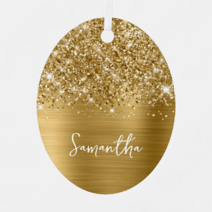 Glittery Gold Glam Name Oval Photo Metal Tree Decoration