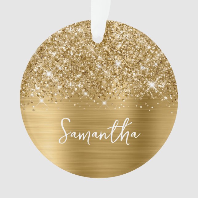 Glittery Gold Glam Name Photo Ornament (Front)