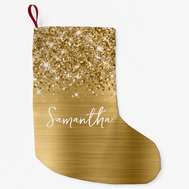 Glittery Gold Glam Name Small Christmas Stocking (Front)