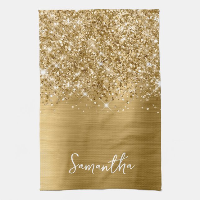 Glittery Gold Glam Name Tea Towel (Vertical)