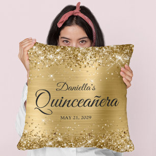 Glittery Gold Glam Quinceanera Photo Cushion