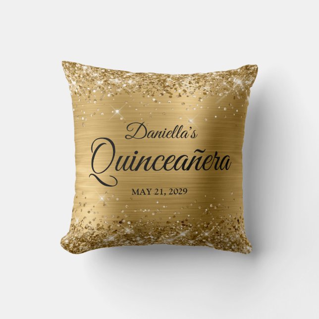 Glittery Gold Glam Quinceanera Photo Cushion (Front)