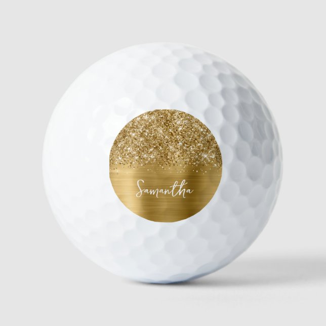 Glittery Gold Glam Script Name Golf Balls (Front)