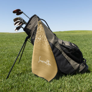Glittery Gold Glam Script Name Golf Towel