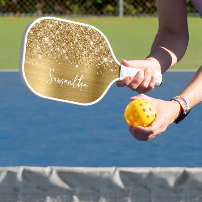 Glittery Gold Glam Script Name Pickleball Paddle (Insitu)