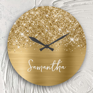 Glittery Gold Glam White Script Name Large Clock