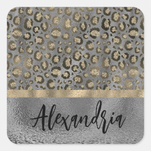 Glittery Gold Leopard Print on Grey Personalised Square Sticker