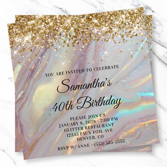 Glittery Gold Marbled Opal 40th Birthday Invitation (Glittery Gold Marbled Opal 40th Birthday Invitation)