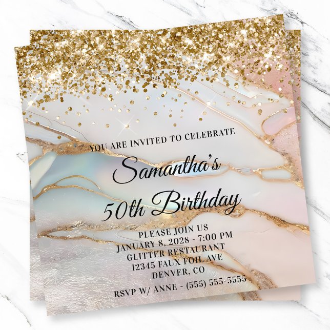 Glittery Gold Marbled Opal 50th Birthday Invitation (Glittery Gold Marbled Opal 50th Birthday Invitation)