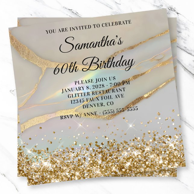 Glittery Gold Marbled Opal 60th Birthday Invitation (Glittery Gold Marbled Opal 60th Birthday Invitation)