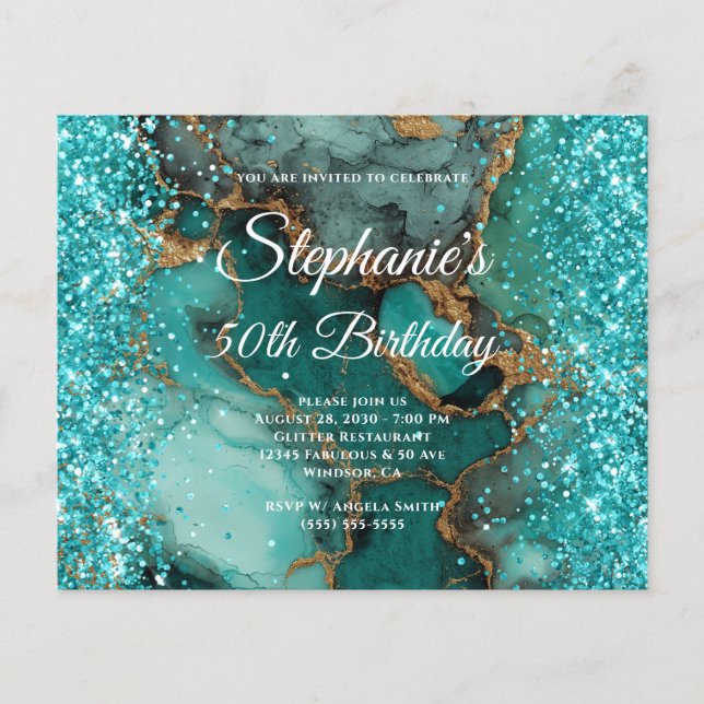 Glittery Gold Marbled Turquoise 50th Birthday Flyer (Front)