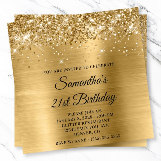 Glittery Gold Metallic Look 21st Birthday Invitation (Glittery Gold Metallic Look 21st Birthday Invitation)