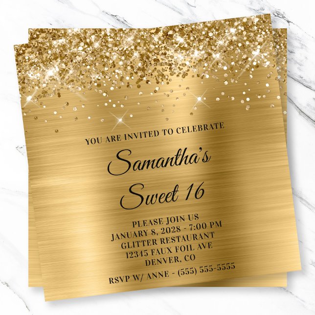 Glittery Gold Metallic Look Sweet 16 Invitation (Glittery Gold Metallic Look Sweet 16 Invitation)