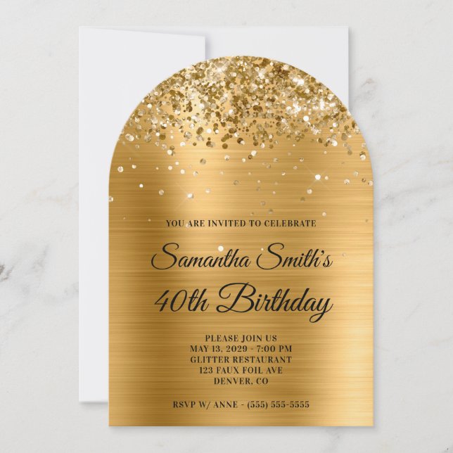 Glittery Gold Metallic Photo 40th Birthday Invitation (Front)