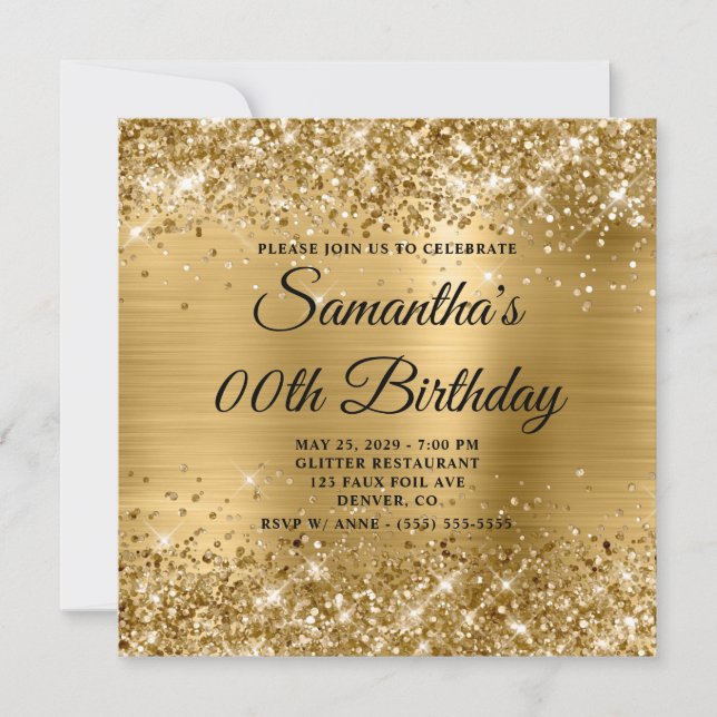 Glittery Gold Monogram Birthday Invitation (Front)
