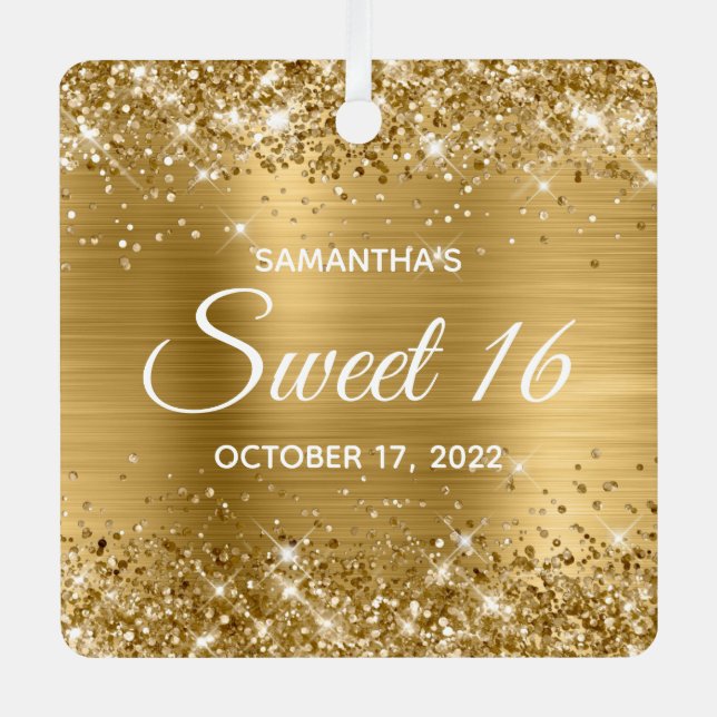 Glittery Gold Ombre Foil Sweet 16 Metal Tree Decoration (Front)