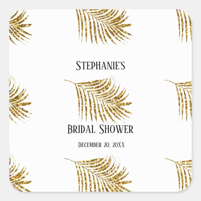 Glittery Gold Palm Tree Leaf Wedding Bridal Shower Square Sticker (Front)