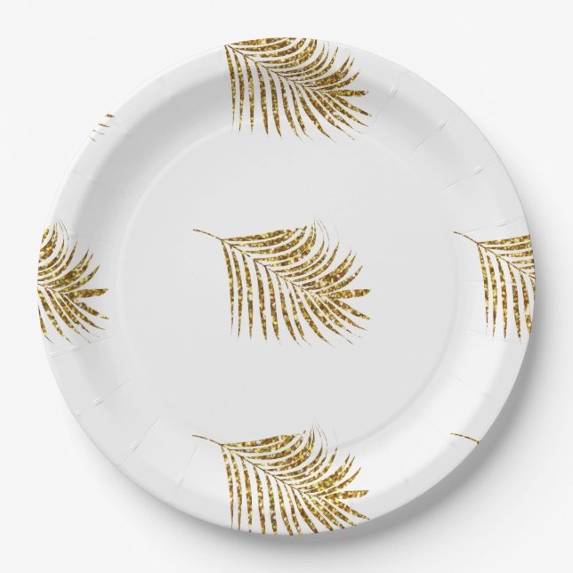 Glittery Gold Palms Tropical Weddings Leaf Pattern Paper Plate (Front)