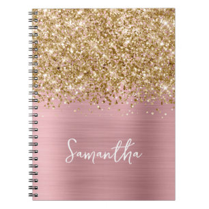 Glittery Gold Pink Blush Glam Script Name Notebook