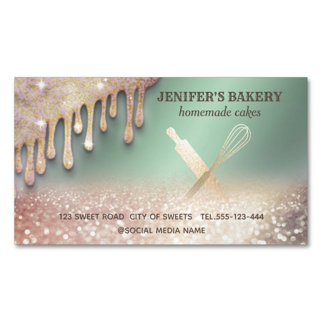 Glittery gold rolling pin whisk chef bakery busine magnetic business card (Front)