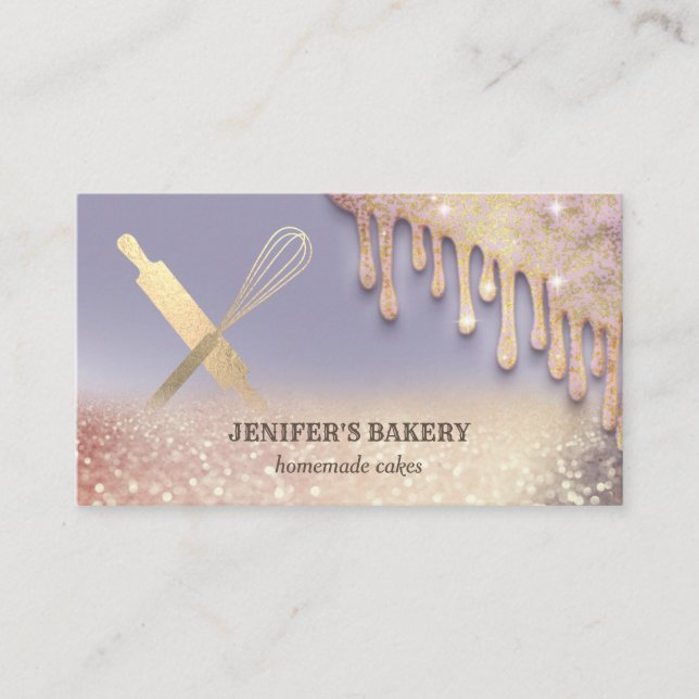 Glittery gold rolling pin whisk chef bakery business card (Front)