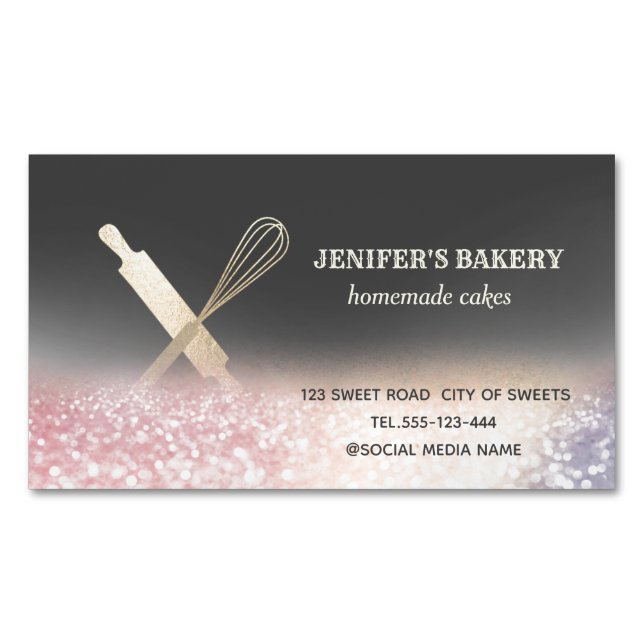 Glittery gold rolling pin whisk chef bakery magnetic business card (Front)