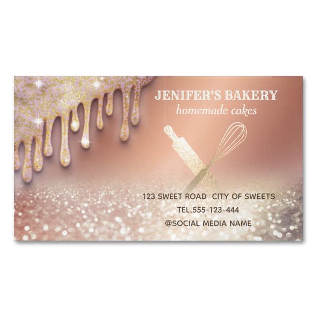 Glittery gold rolling pin whisk chef bakery magnetic business card (Front)
