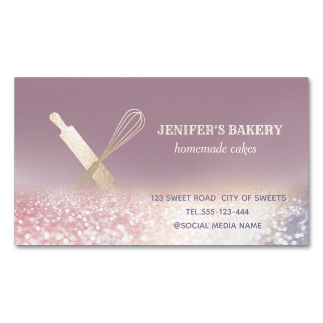 Glittery gold rolling pin whisk chef bakery magnetic business card (Front)