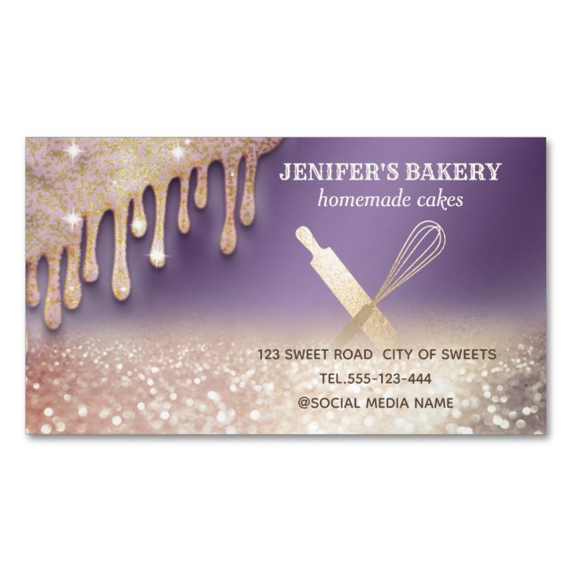 Glittery gold rolling pin whisk chef bakery magnetic business card (Front)