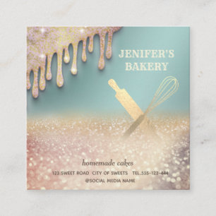 Glittery gold rolling pin whisk chef bakery square business card