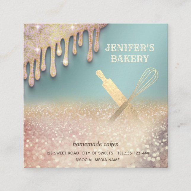 Glittery gold rolling pin whisk chef bakery square business card (Front)