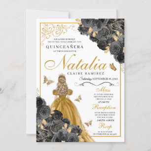 Glittery Gold Roses Butterfly Princess Quinceañera Invitation
