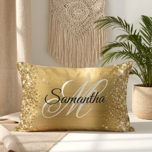 Glittery Gold Satin Foil Monogram Lumbar Cushion