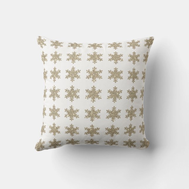 Glittery Gold Snowflake Pattern White Cute Trendy Cushion (Back)