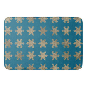 Glittery Gold Snowflake Patterns Rustic Ocean Blue Bath Mat