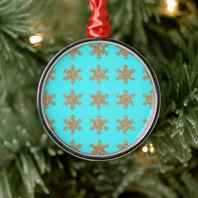 Glittery Gold Snowflakes Patterns Turquoise Blue  Metal Tree Decoration (Tree)