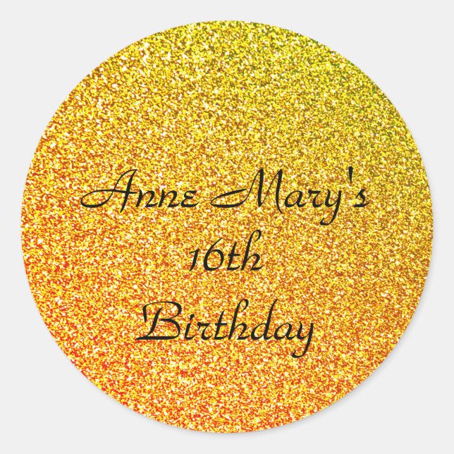 Glittery Gold Sparkle 16th Birthday Custom Name Classic Round Sticker (Front)