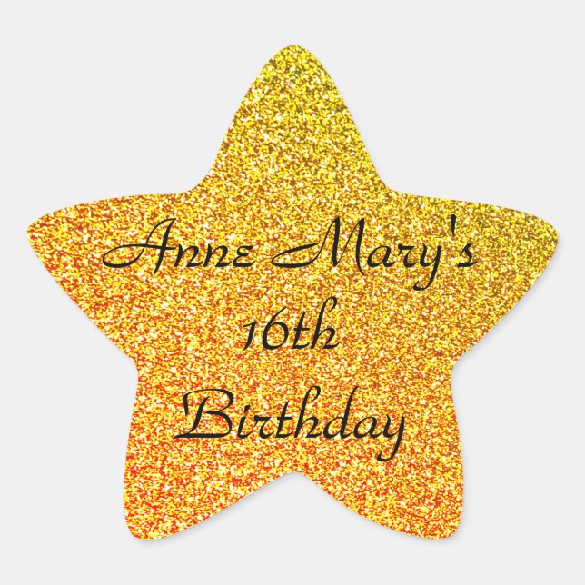 Glittery Gold Sparkle 16th Birthday Custom Name Star Sticker (Front)