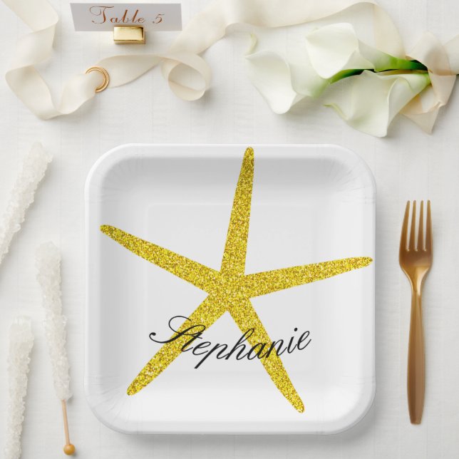Glittery Gold Starfish Pattern Custom Name Elegant Paper Plate (Wedding)
